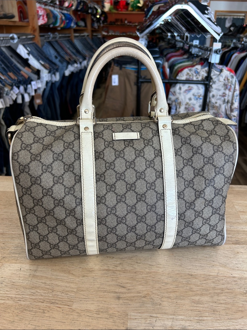 Gucci Brown GG Supreme Canvas Bowling Bag with Ivory Trim